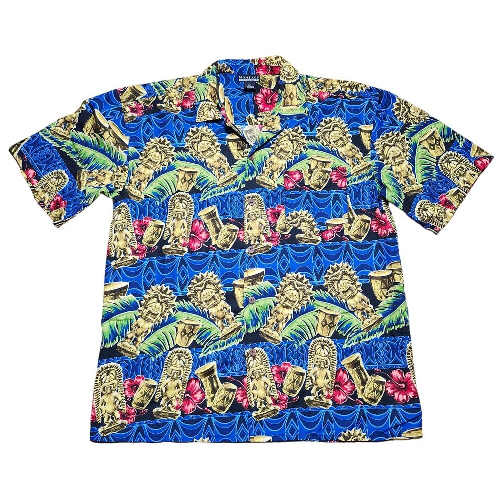 Montage Microfiber Hawaiian Shirt Tiki Print Short Sleeve Button-Down L